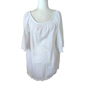 beachlunch lounge Women's S White Soft Cotton Peasant Blouse W/ Fringe Trim